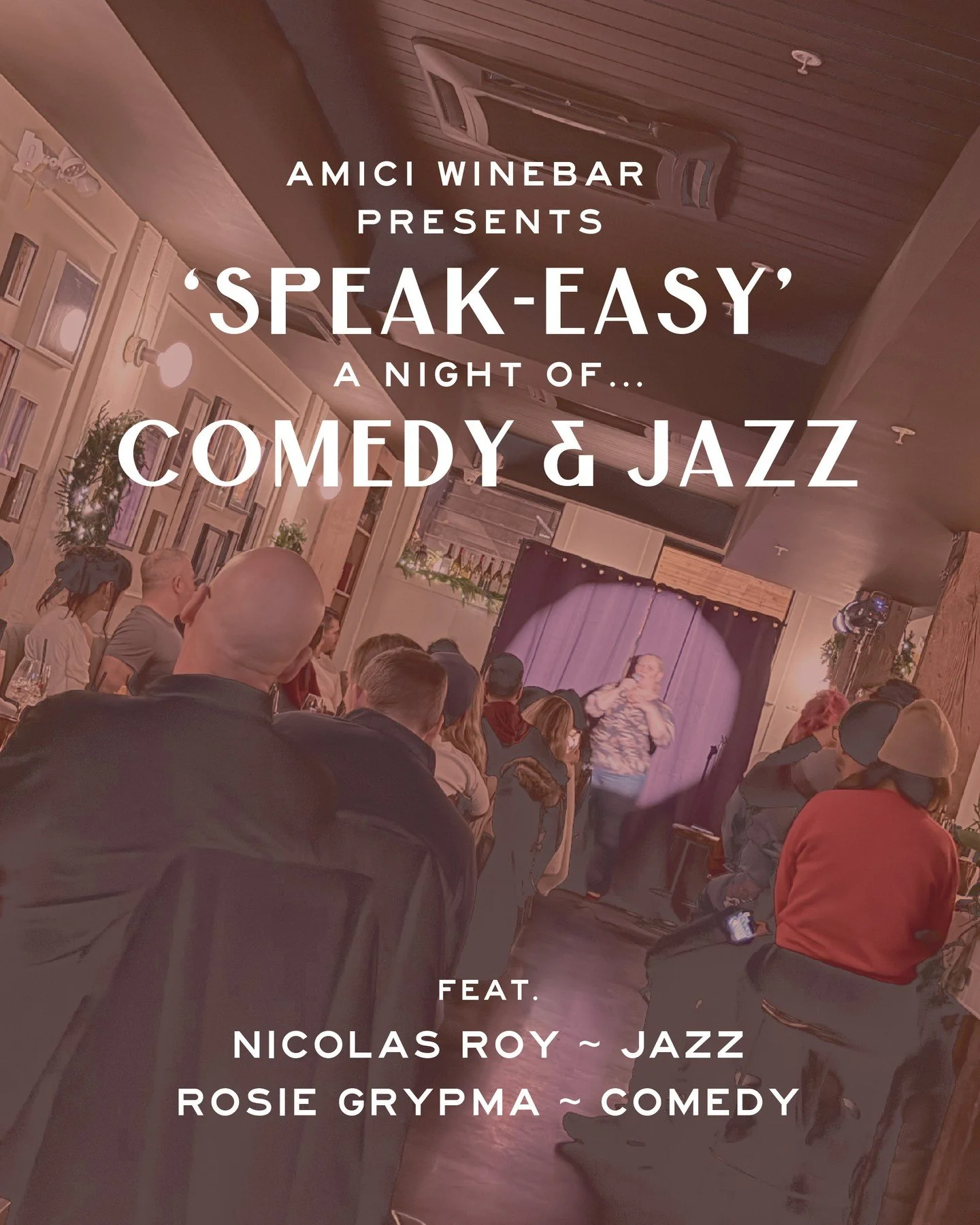 Amici presents Speak-Easy... a night of Comedy &amp; Jazz in our Downstairs Wine Bar.⁠ Saturday, Jan 31 | 8pm ⁠
⁠
Wine, cocktail specials, good music with Nicolas Roy and great laughs with  @rosiegrypma and friends.⁠
⁠
Join us for a different kind of