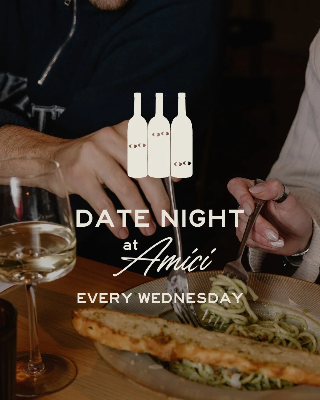 Join us for Wednesday Date Night to enjoy a complimentary glass of wine with any entr&eacute;e and $5 off our Piccolo Pizzas.⁠
⁠
Love at first sight is easy to find in a cozy corner with a perfect pairing. It is the ideal excuse to skip the cooking a