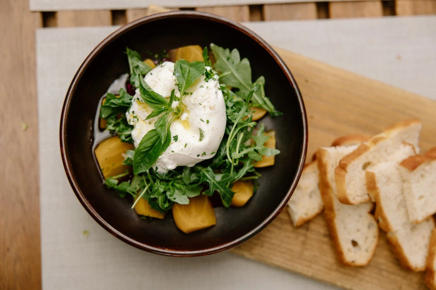 Burrata &amp; Beets ~ Creamy burrata with peppery arugula, pickled beets, and a drizzle of basil oil. Finished with a touch of white pepper for that gentle warmth.⁠
⁠
Fresh, vibrant, and simply perfect.