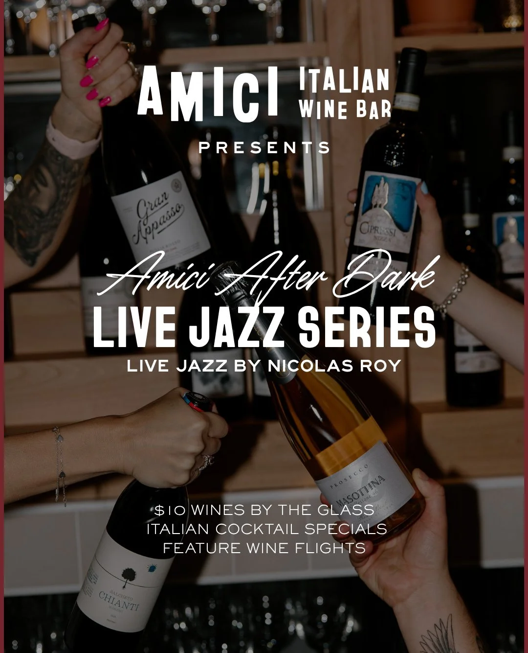 The fourth edition of Amici After Dark Jazz Series brings a true after dinner jazz moment this month on Friday, April 24 at 9 PM. ⁠
⁠
Join us for...⁠
 ~ Live Jazz with Nicolas Roy⁠
 ~ $10 glasses of wine, Italian cocktail features, and exclusive wine