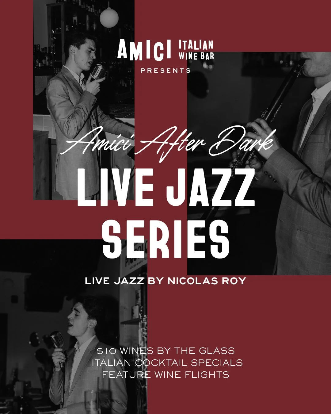 Amici After Dark returns for its fourth edition, setting the tone for a late-night jazz escape. 🎷 Friday, April 24 &bull; 9 PM⁠
⁠
On the lineup:⁠
~ Live jazz with Nicolas Roy⁠
~ $10 wine pours, Italian cocktail features, and curated wine flights⁠
⁠
