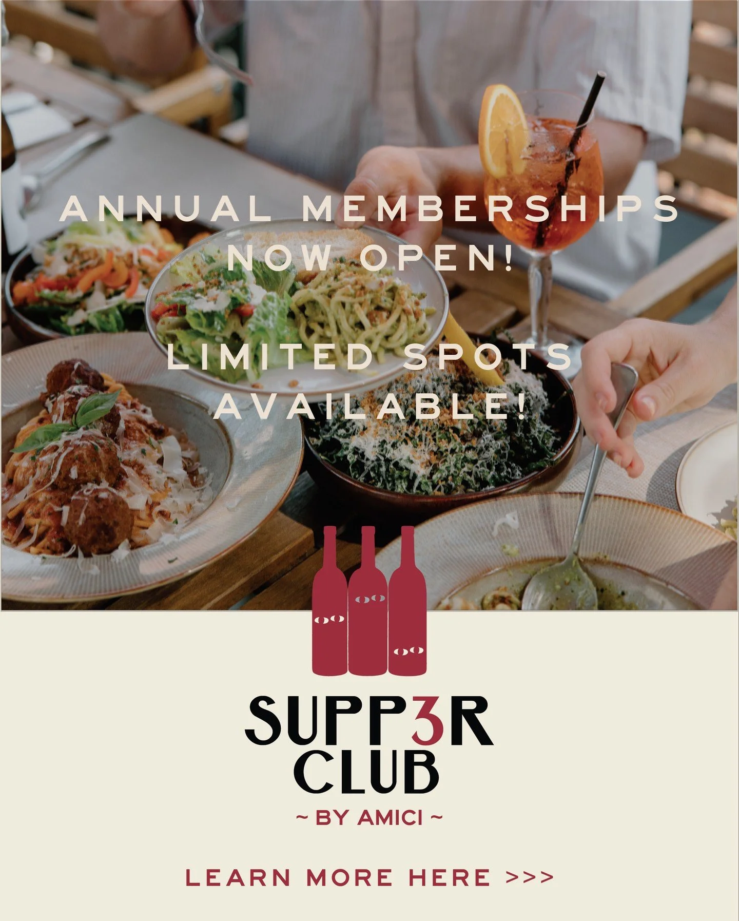 Supper Club Memberships are now open.!⁠
Enjoy 15% off food &amp; beverage all year, access to secret menu items, exclusive experiences, member perks, and a $300 Amici gift card included with your membership.⁠
⁠
Limited memberships available.⁠ Link in