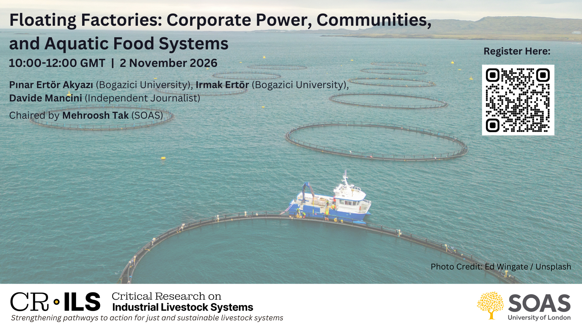 Aquaculture fish farm in offshore circular tanks with a boat in the water, overlaid with event and organization information for a conference on floating factories, corporate power, communities, and aquatic food systems.