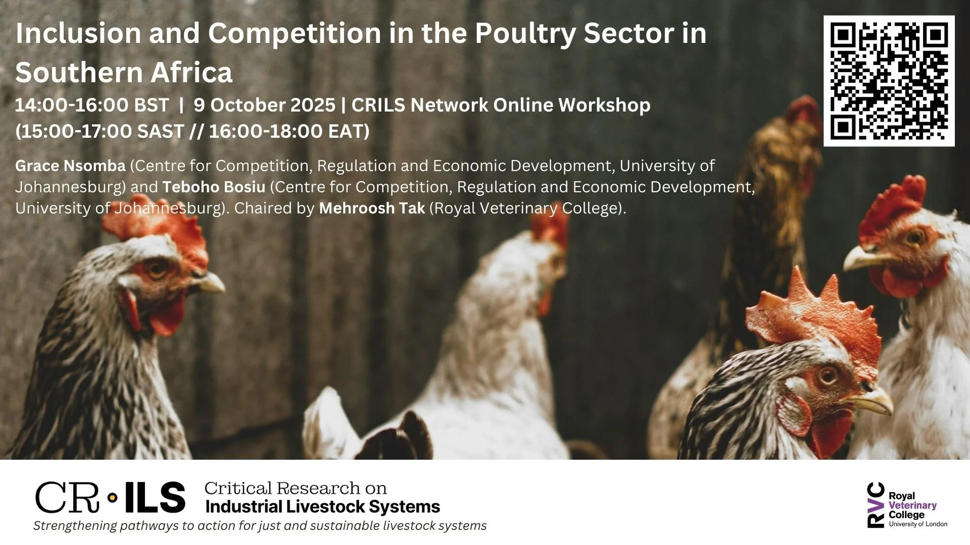 The poster for the online workshop "Inclusion and competition in the poultry sector in Southern Africa." The background image consists of a group of chickens in a poultry farm setting.