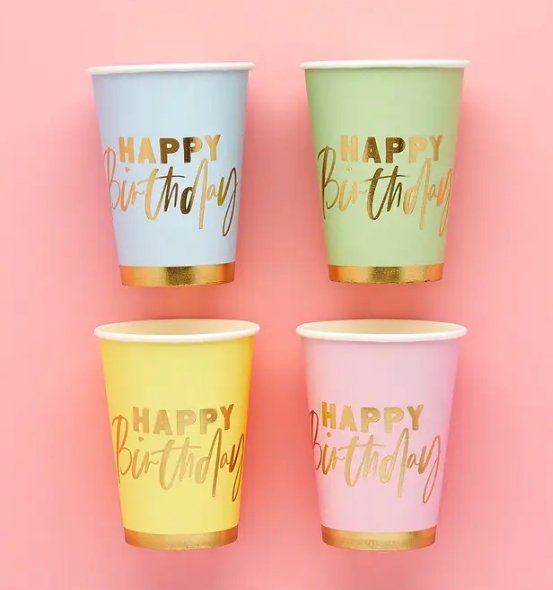 Pastel 'happy Birthday' Paper Cups 8 Pack