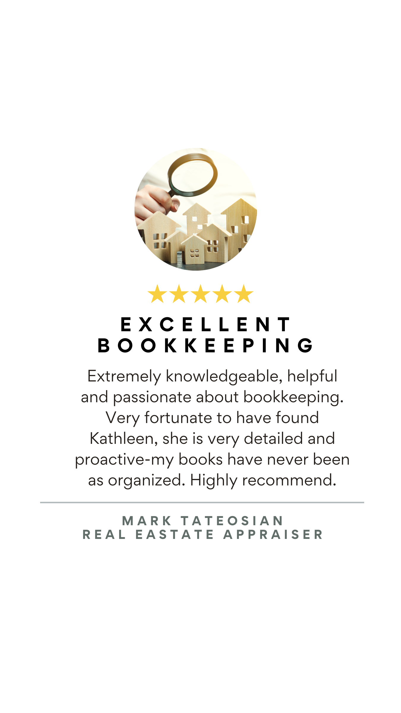 Book review for an excellent bookkeeping service, featuring a photo of wooden house models and a magnifying glass, with five gold stars above the text.