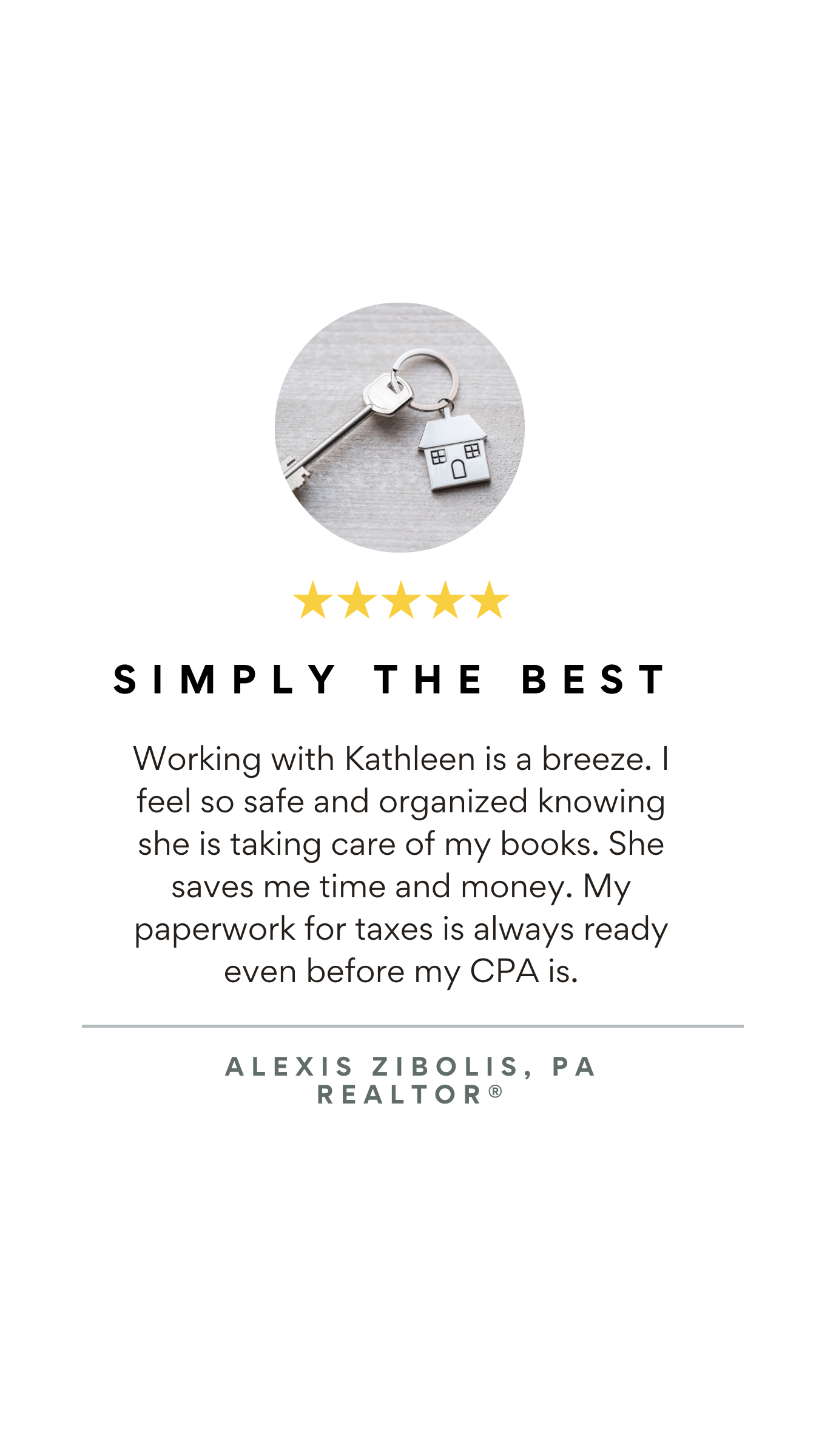 A customer review card featuring a photo of a house-shaped keychain, five gold stars indicating excellent rating, and a written testimonial praising Kathleen for making the process of managing books and taxes easy and organized, with the name Alexis Zibolis, PA Realtor at the bottom.