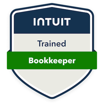 Intuit badge indicating 'Trained Bookkeeper' with a blue, white, and green design.