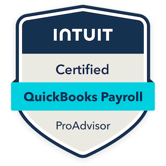 Shield-shaped badge design featuring 'INTUIT' at the top, 'Certified' below, a blue banner with 'QuickBooks Payroll,' and 'ProAdvisor' at the bottom.