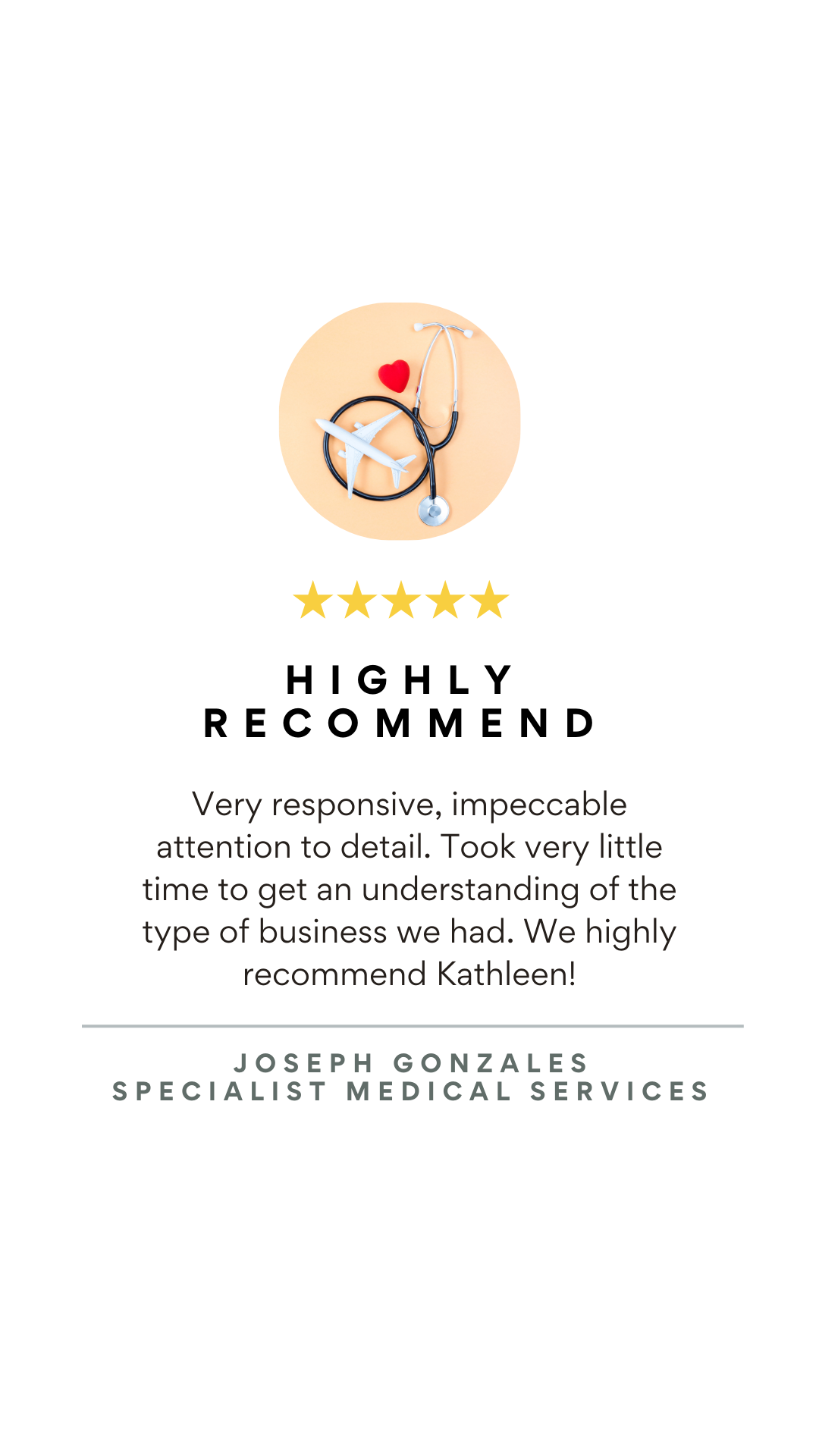 A digital review card with five gold stars at the top, a photo of a stethoscope with a red heart on a beige background, and a text review praising the medical services of Joseph Gonzales, a specialist.