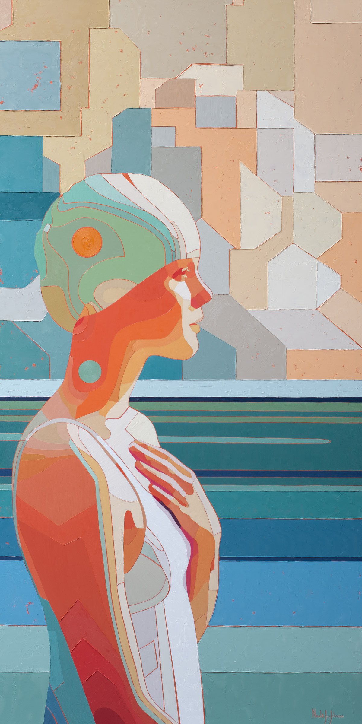Painting of woman in swim cap by the sea by artist Nicola Joy Johnson
