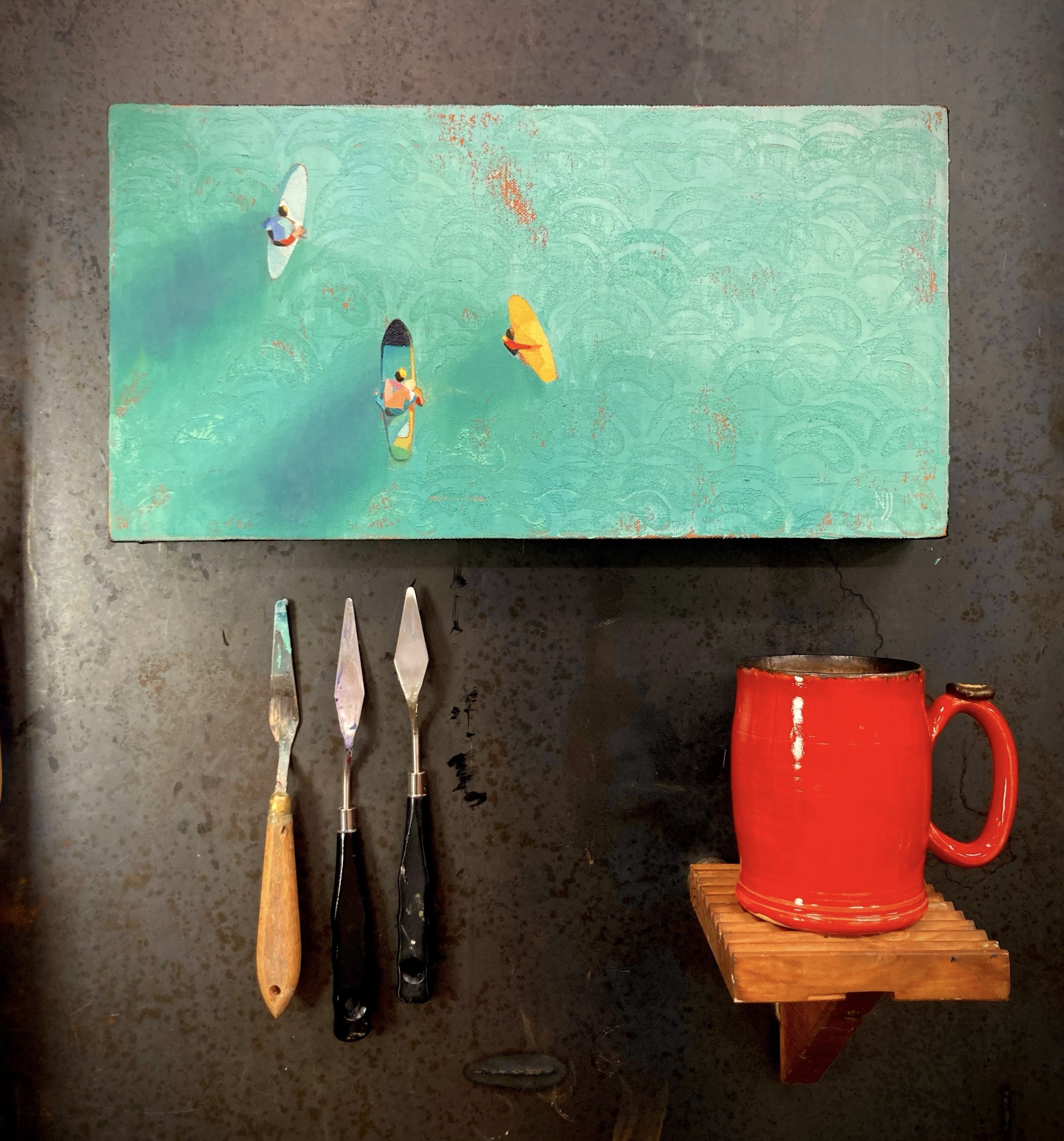 Three Surfers oil painting by artist Nicola Joy Johnson