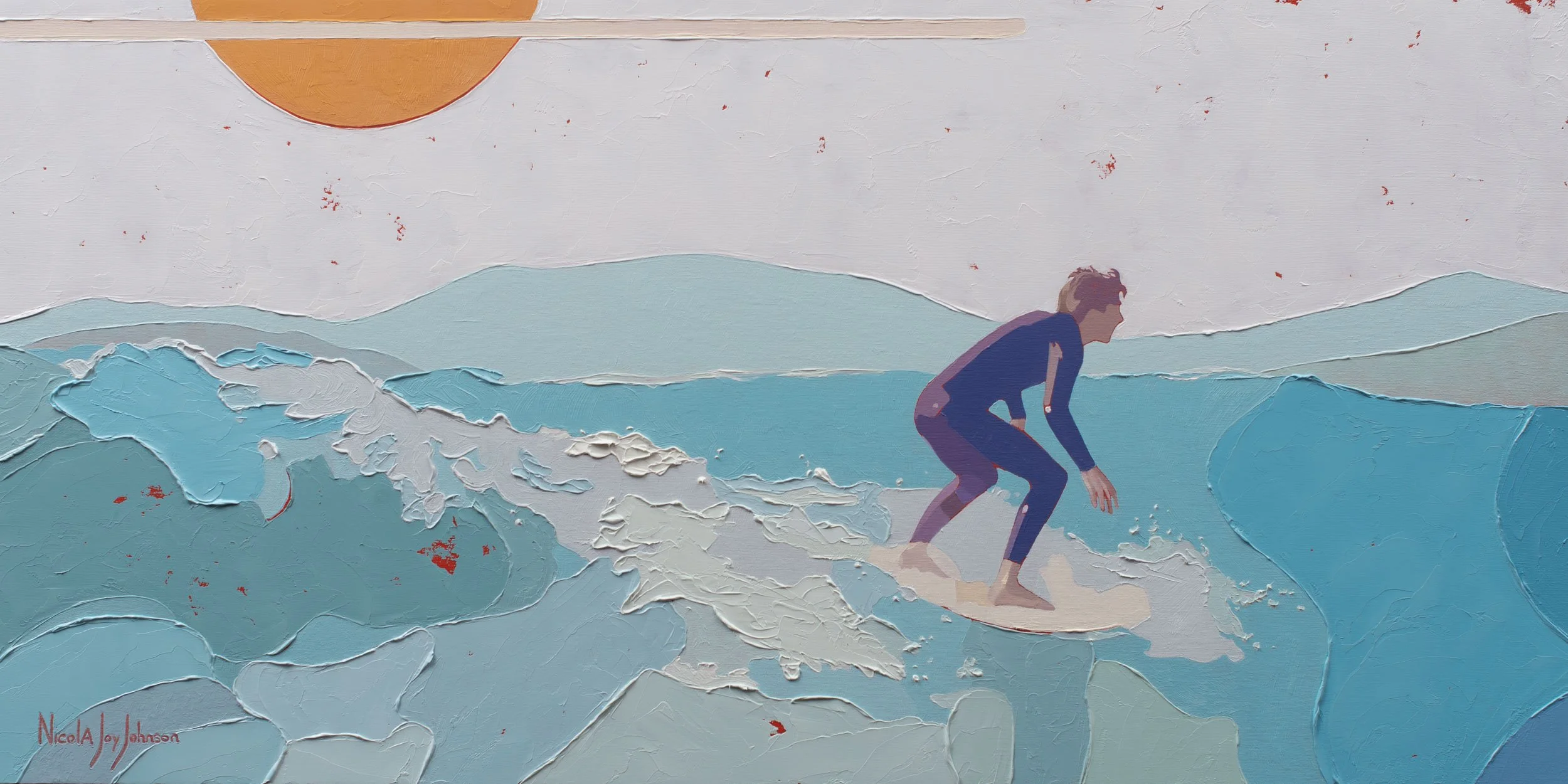 Colorful surfer painting by Nicola Joy Johnson with rich texture.