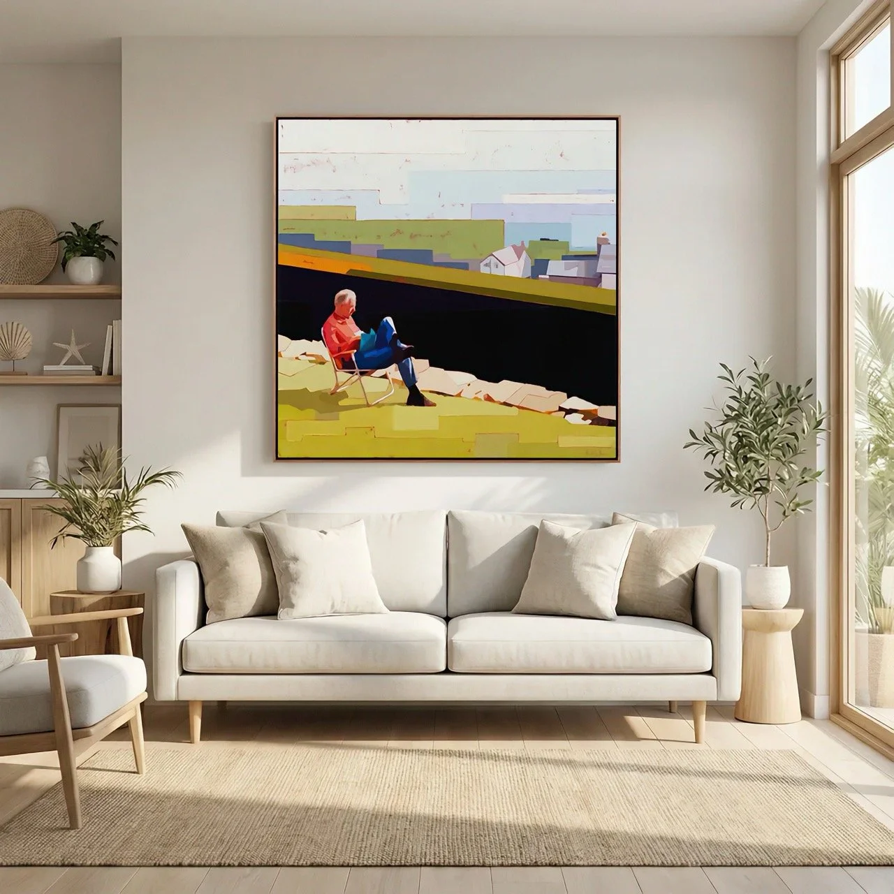 “Tell Me All Your Stories,” a contemporary square canvas print by Nicola Joy Johnson, shown as a gallery-wrapped fine-art canvas in a natural wood frame.