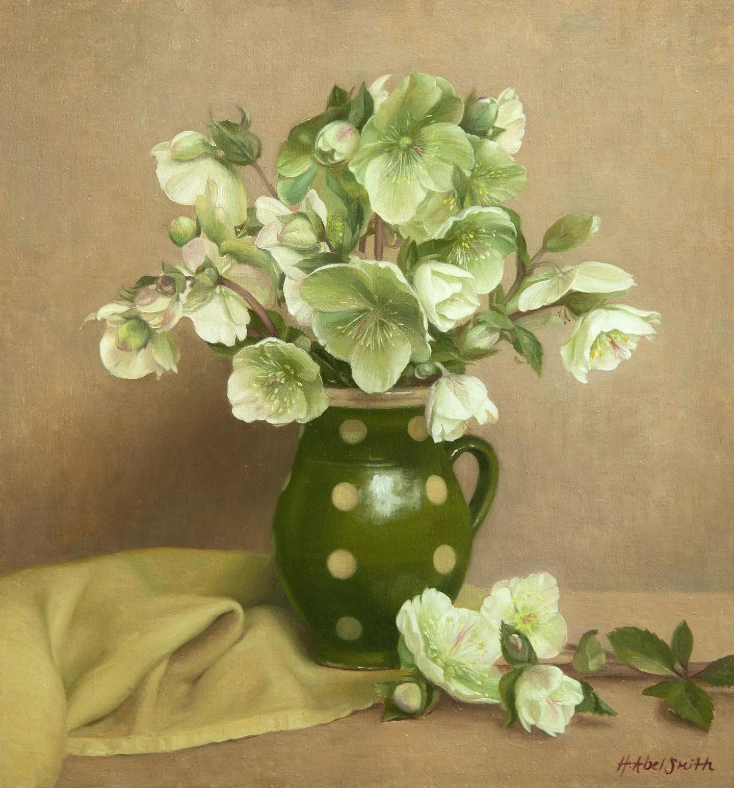 Hellebores in Green Spotty Jug, 16 x 15 inches, oil on canvas