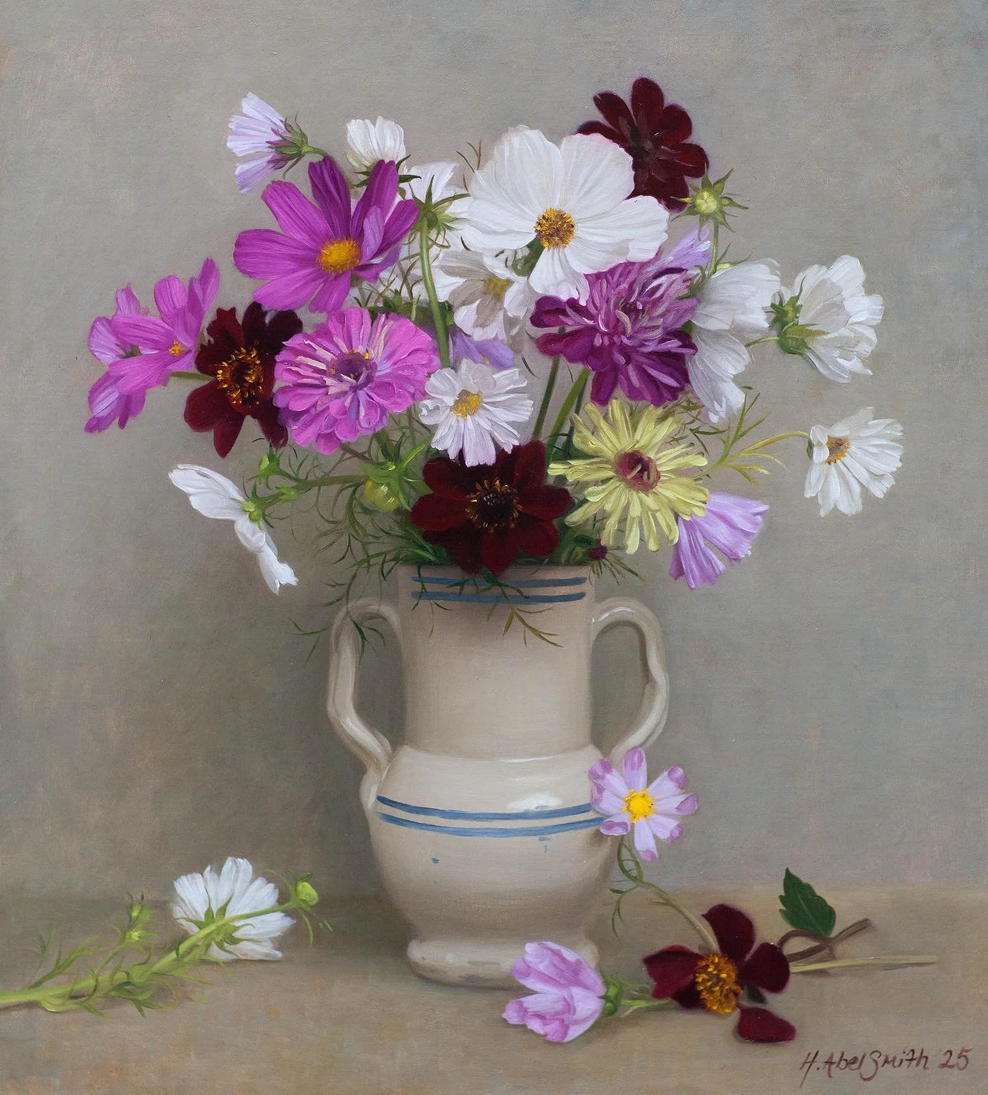 Zinnias and Cosmos, 19 x 17 inches, oil on canvas