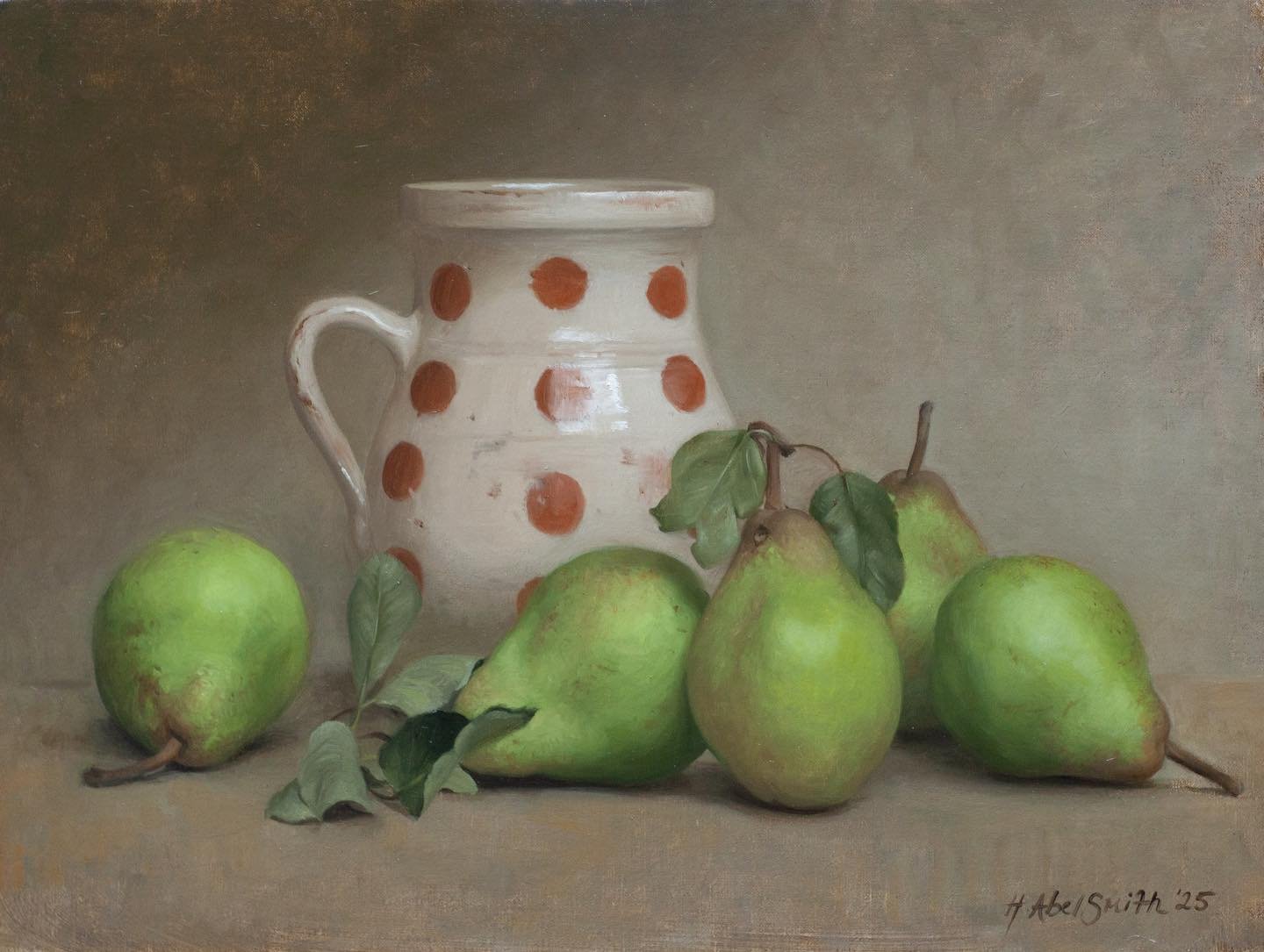 Pears and spotty jug, oil on canvas