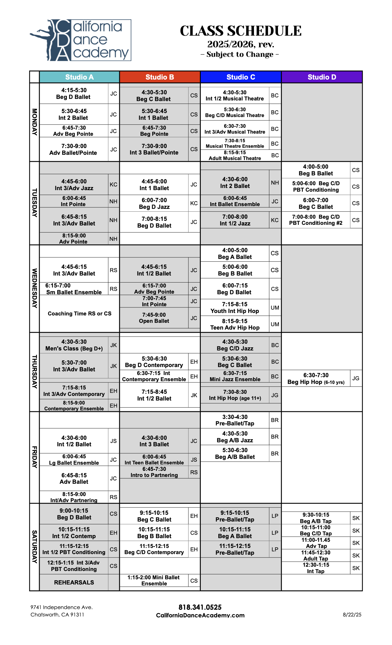 Class schedule for California Dance Academy 2025/2026 school year, organized by studio and day of the week, with various dance classes and times listed.