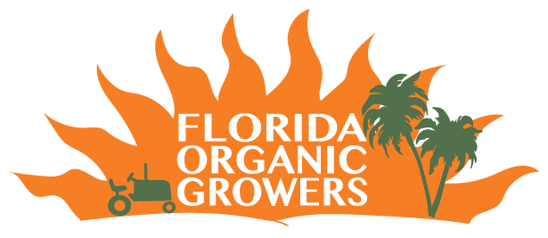 Logo for Florida Organic Growers with a tractor, palm trees, and a sunburst design.