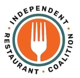 Logo for Independent Restaurant Coalition featuring a stylized orange fork inside a teal circle, with the organization name around the circle.