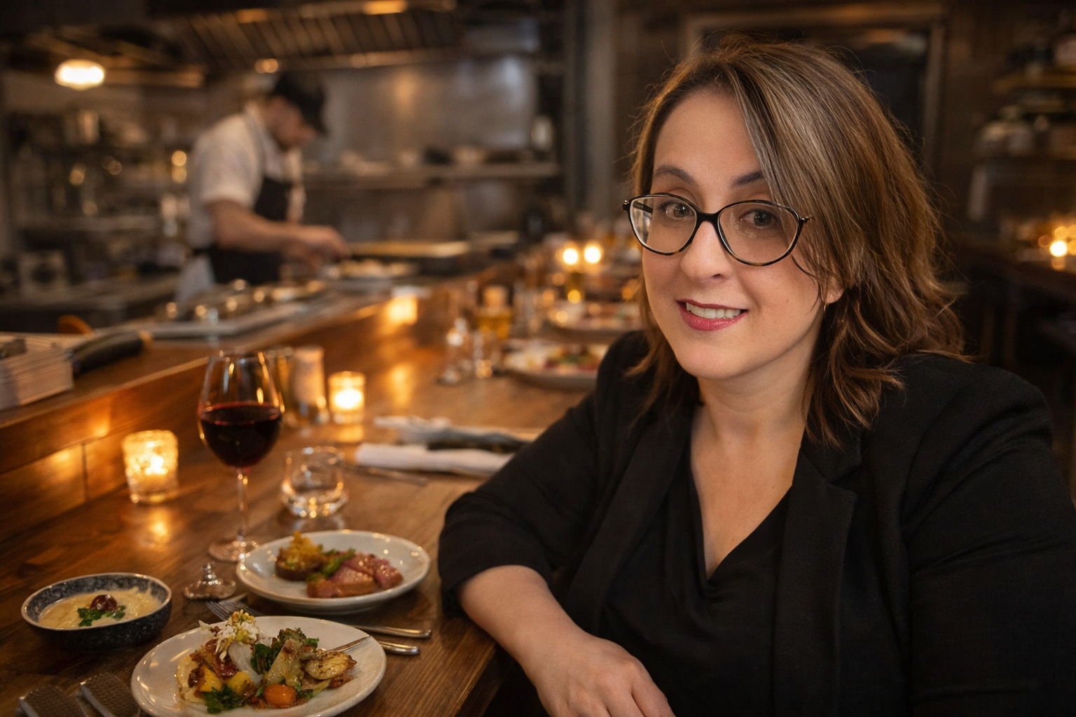 A woman with shoulder-length brown hair, glasses, and a black top sitting at a beautifully lit restaurant table with plates of food and a glass of red wine. A chef is preparing dishes in the background.