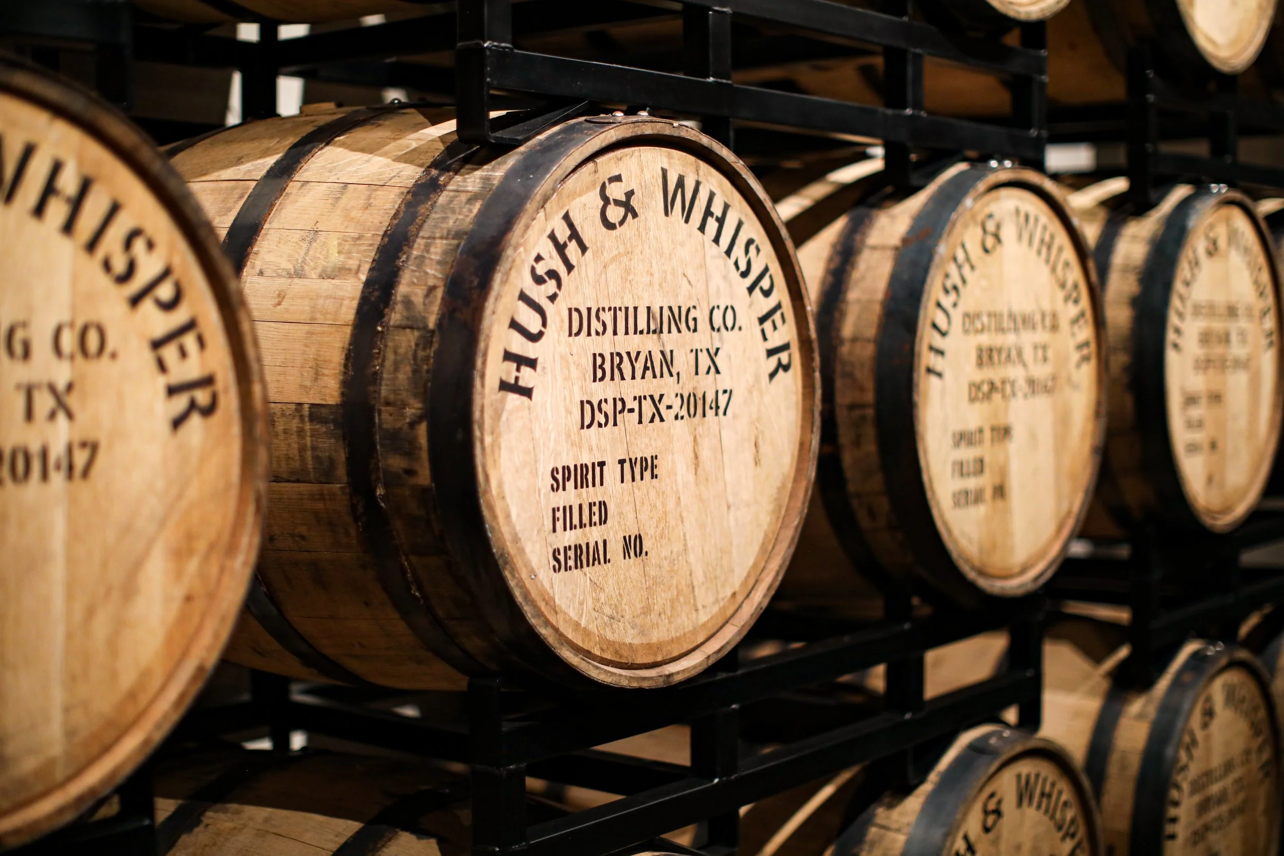 Barrels at Hush & Whisper Distilling Co. in Bryan, Texas.