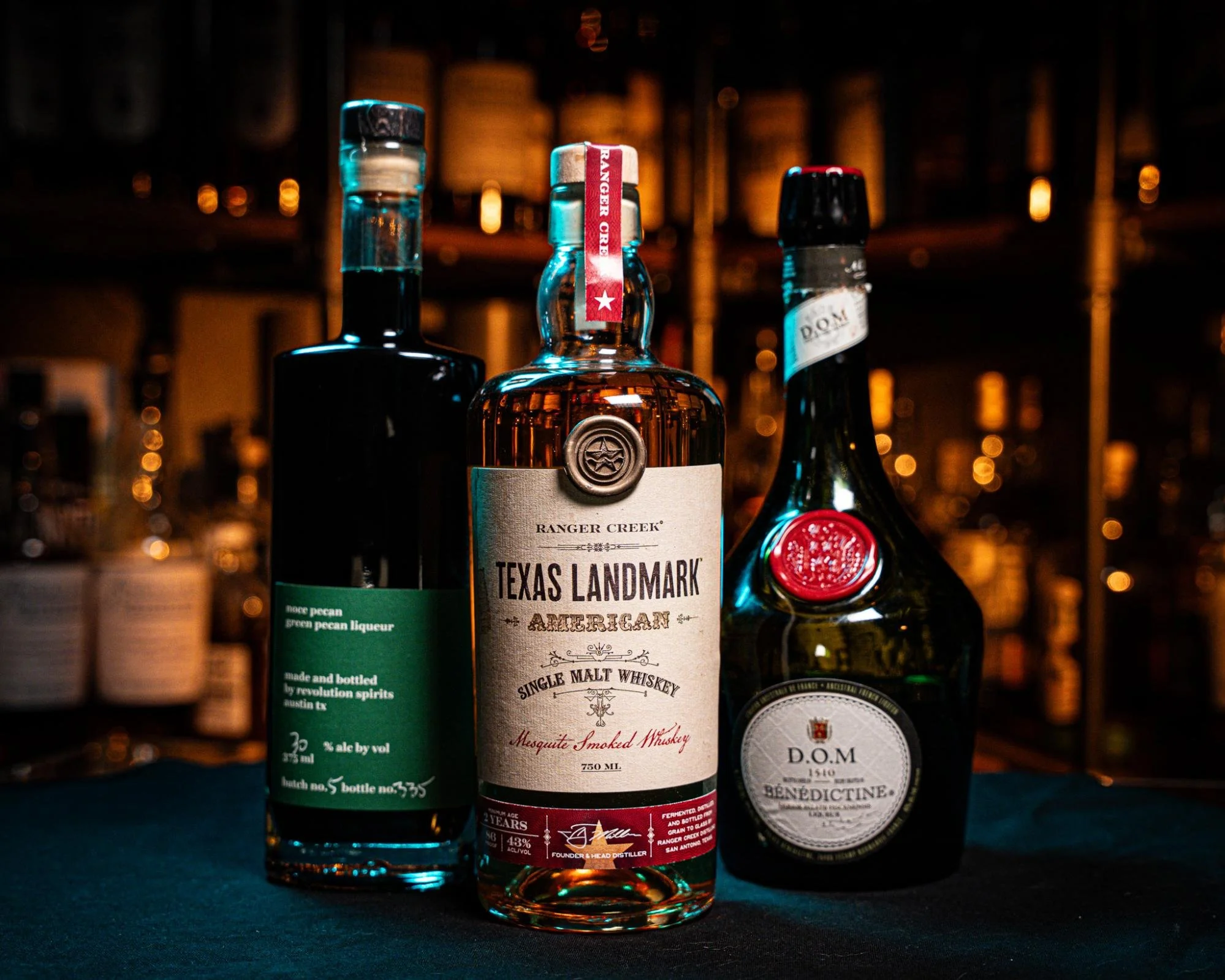Texas Landmark whiskey, Bénédictine and Noce Pecan liqueur, the ingredients for the Sentimental Texan.