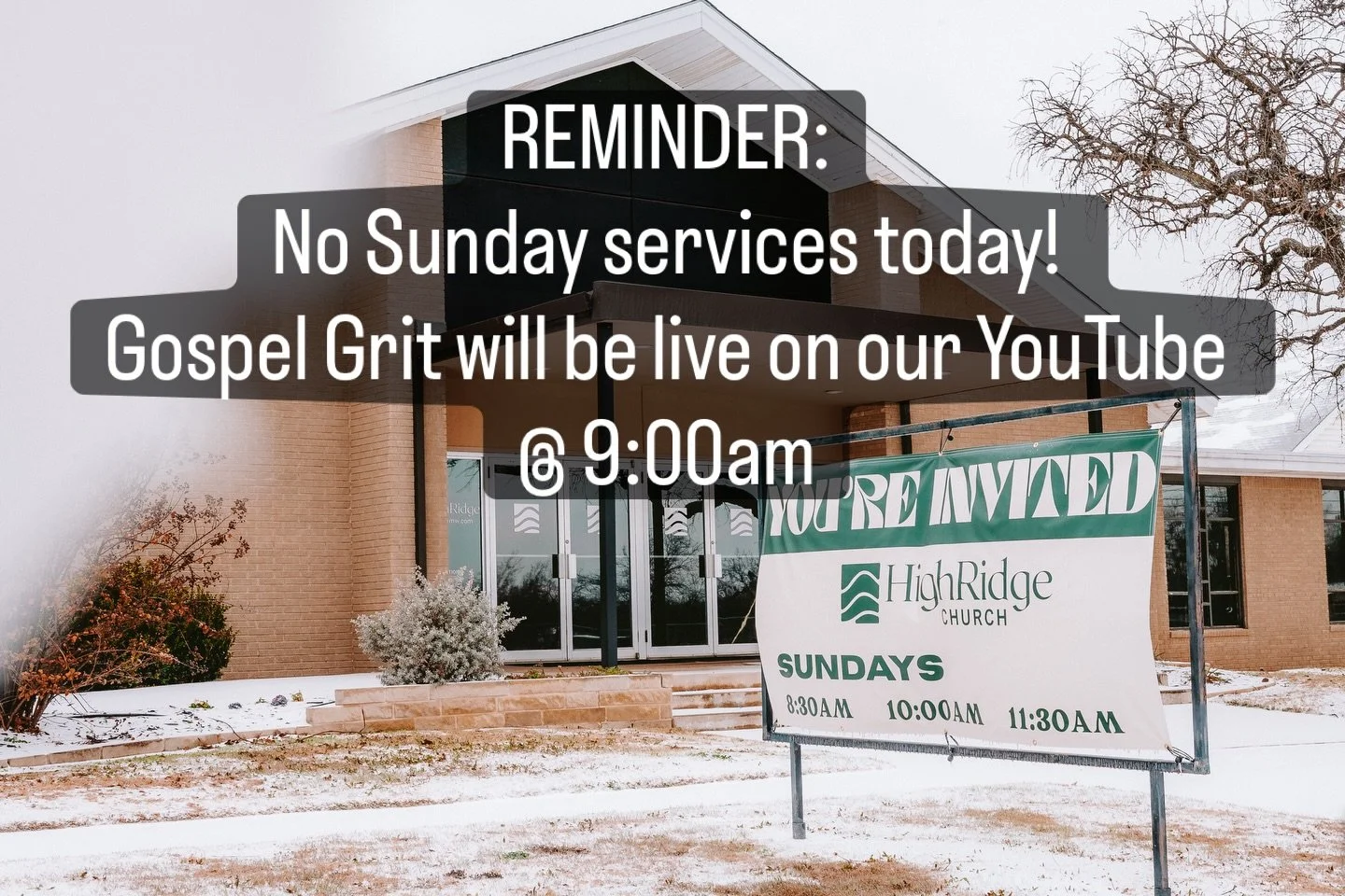REMINDER!! No Sunday services today due to the snow! Stay safe, stay warm, and tune in for Gospel Grit episode 2! You can find the link to our YouTube channel in our bio!