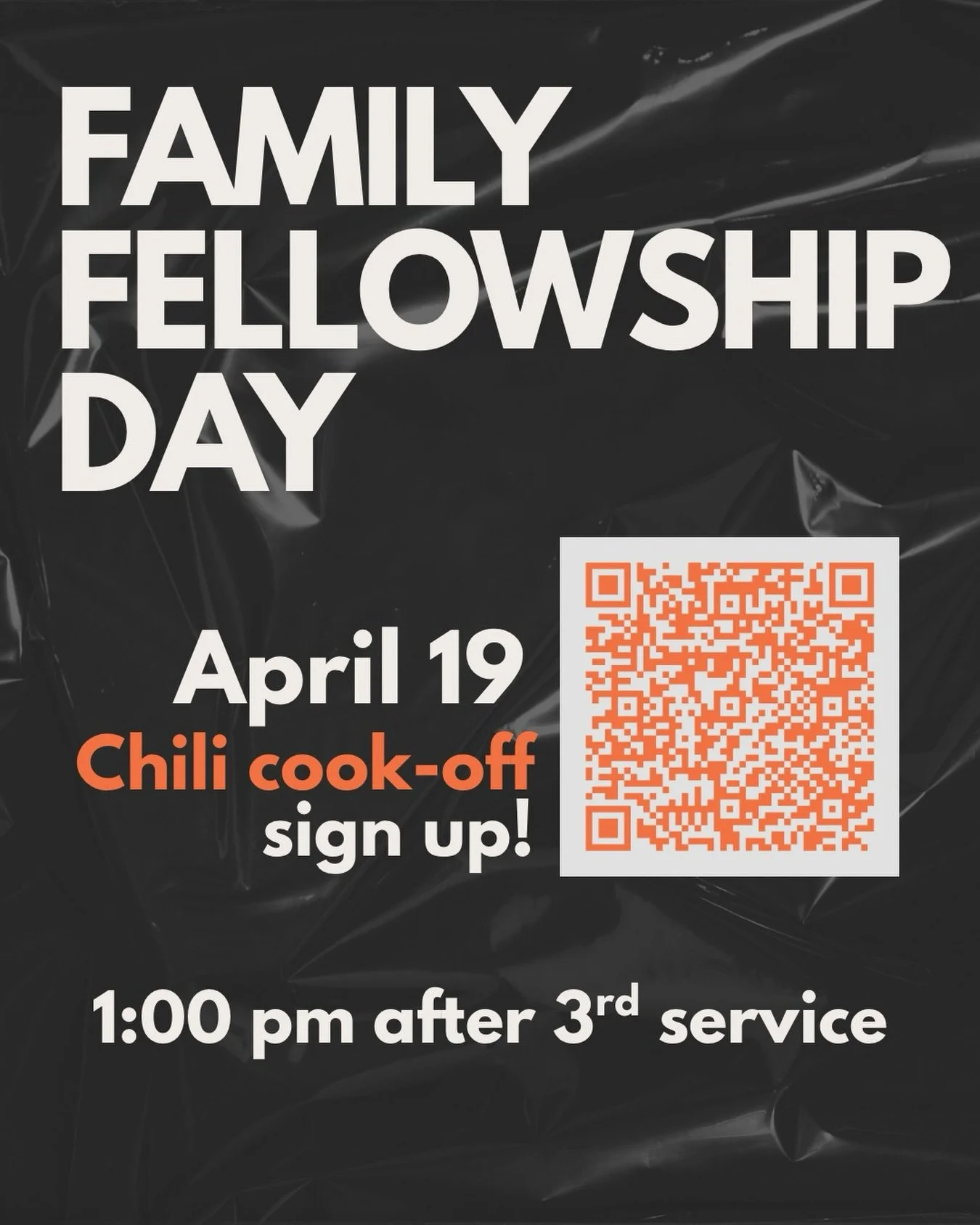 Our family fellowship day is happening this Sunday after our 3rd service at 1:00PM. 

This is a great time to connect with others, enjoy some fellowship, eat some good chili and build community.

We will be at the mineral wellness center and southeas
