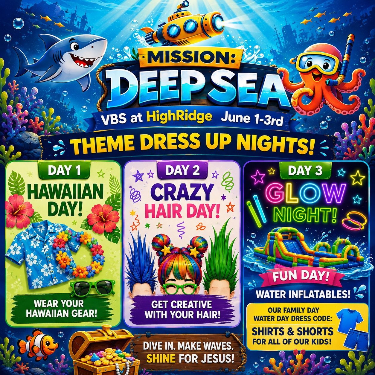 VBS at HighRidge is 2 Days away and we have some important information for all of our kids joining us! 

Each day we will have a fun theme day for your kids to participate in! 

Day 1 - Hawaiian day - Get your best beach shirt and dress for the fun! 