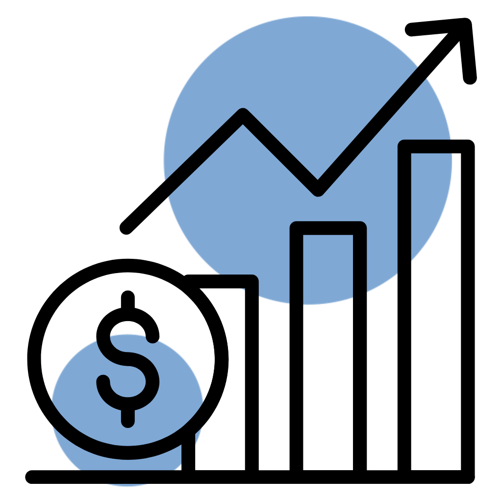 Icon of a financial graph moving up with SAM logo marque in the background