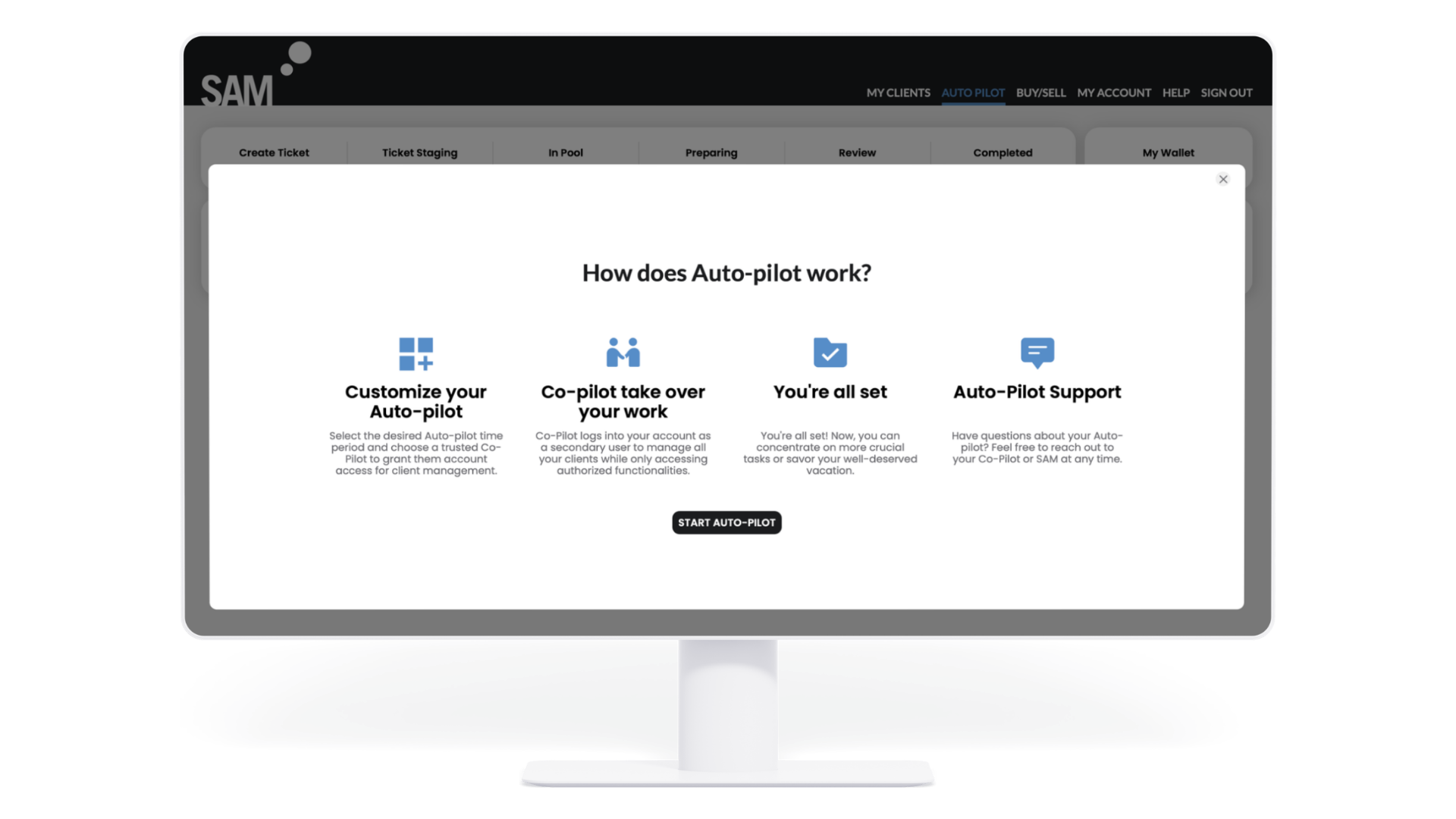 Computer screen showing a tutorial about auto-pilot feature, with sections on customizing auto-pilot, co-pilot management, auto-pilot readiness, and support, along with a start button.