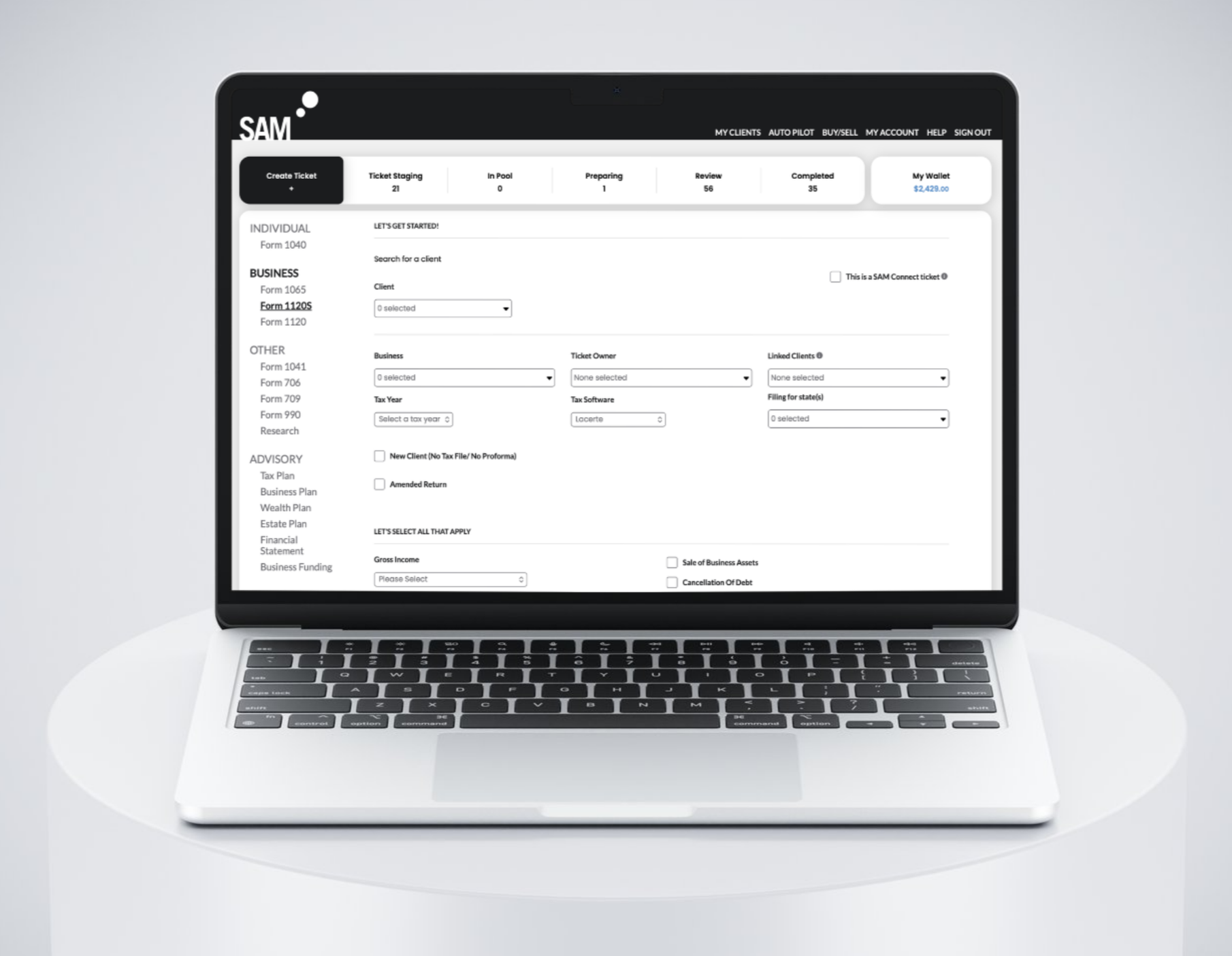 Laptop displaying an online tax filing or business management software interface with various sections for clients, forms, and financial details.