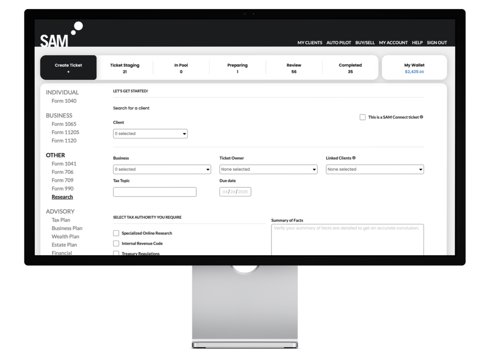 Computer monitor displaying a user interface for managing client and tax information, including tabs for creating tickets, ticket staging, in pool, preparing, review, and completed, with a navigation menu at the top.