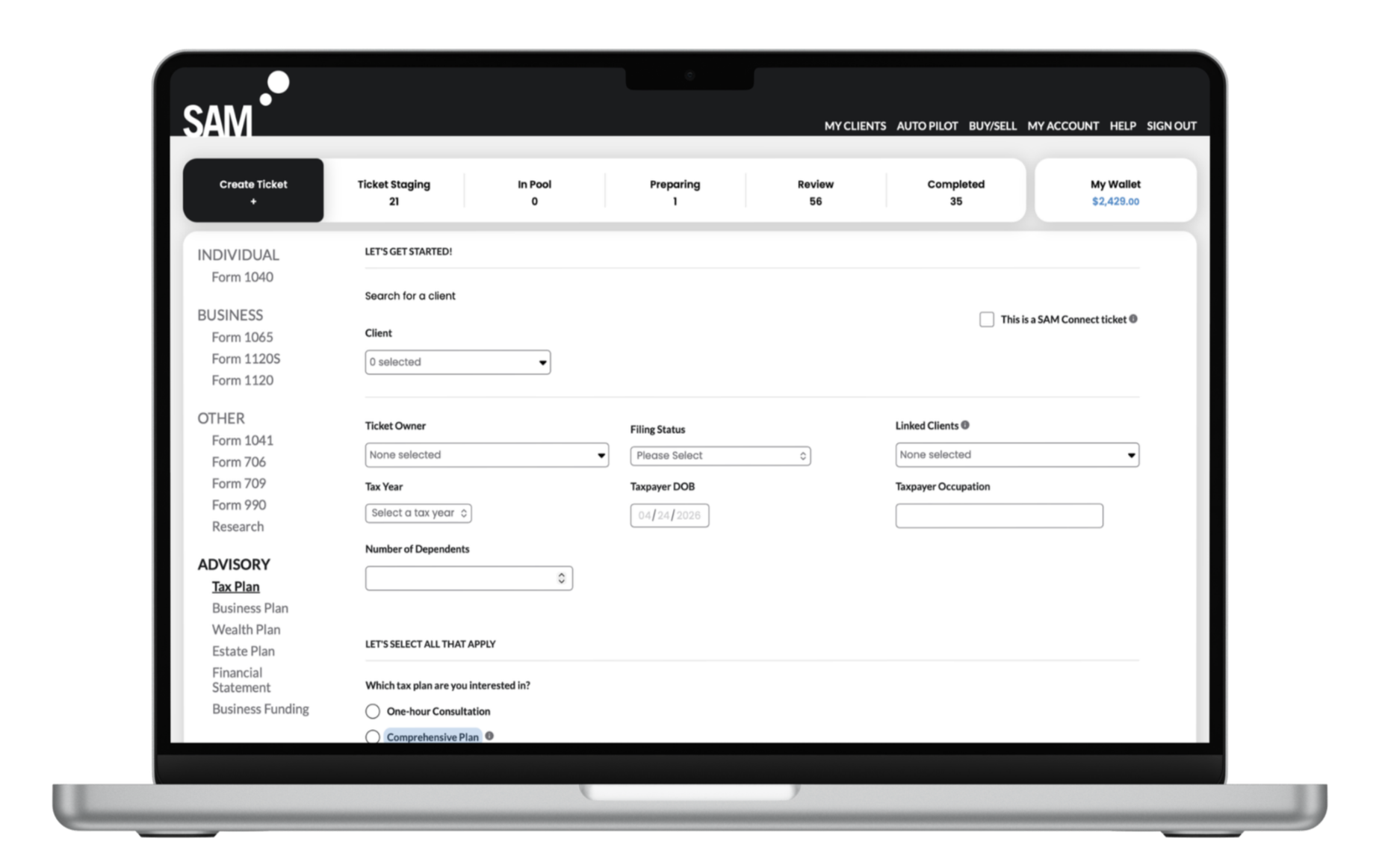 Laptop displaying a tax preparation website with various form options and navigation menu.