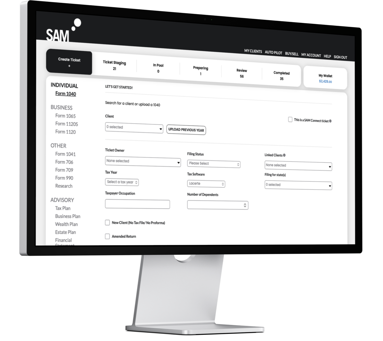 A computer monitor displaying a tax preparation software interface with form fields and options for client information.