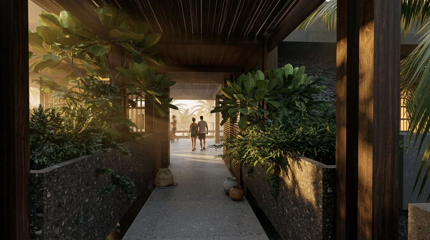 Hallway in troprical, brutalist house