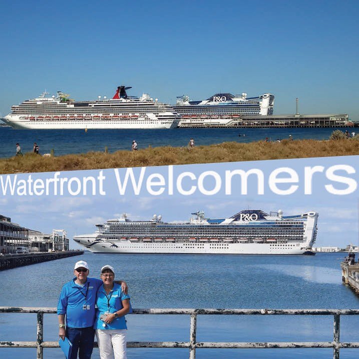 Cruise ship season in full swing and Waterfront Welcomers are busy greeting, and guiding thousands of coming passengers, and crew.

Here Deb and David posing in front of Pacific Adventure they&rsquo;ve just welcomed in Port Melbourne. Passengers and 