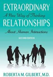 Book cover titled 'Extraordinary Relationships: A New Way of Thinking About Human Interactions' by Roberta M. Gilbert, M.D., featuring silhouettes of a family holding hands.