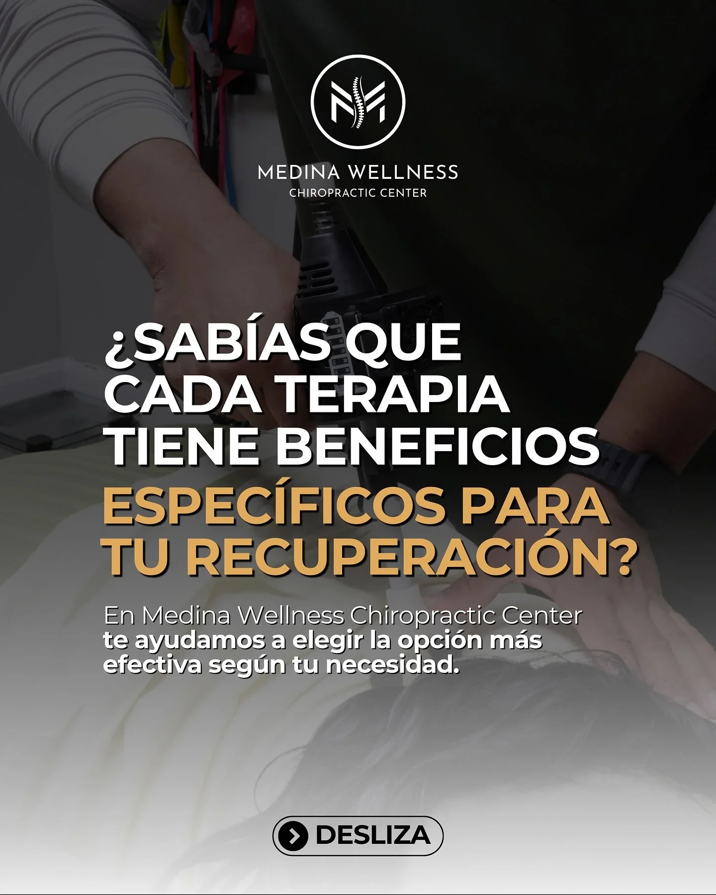 💆&zwj;♀️ Cada terapia tiene un prop&oacute;sito, y en Medina Wellness Chiropractic Center te ayudamos a encontrar el indicado para ti.
&iquest;Dolor cr&oacute;nico? &iquest;Lesi&oacute;n por accidente? &iquest;Necesitas fortalecer tu cuerpo?

✨ Cont