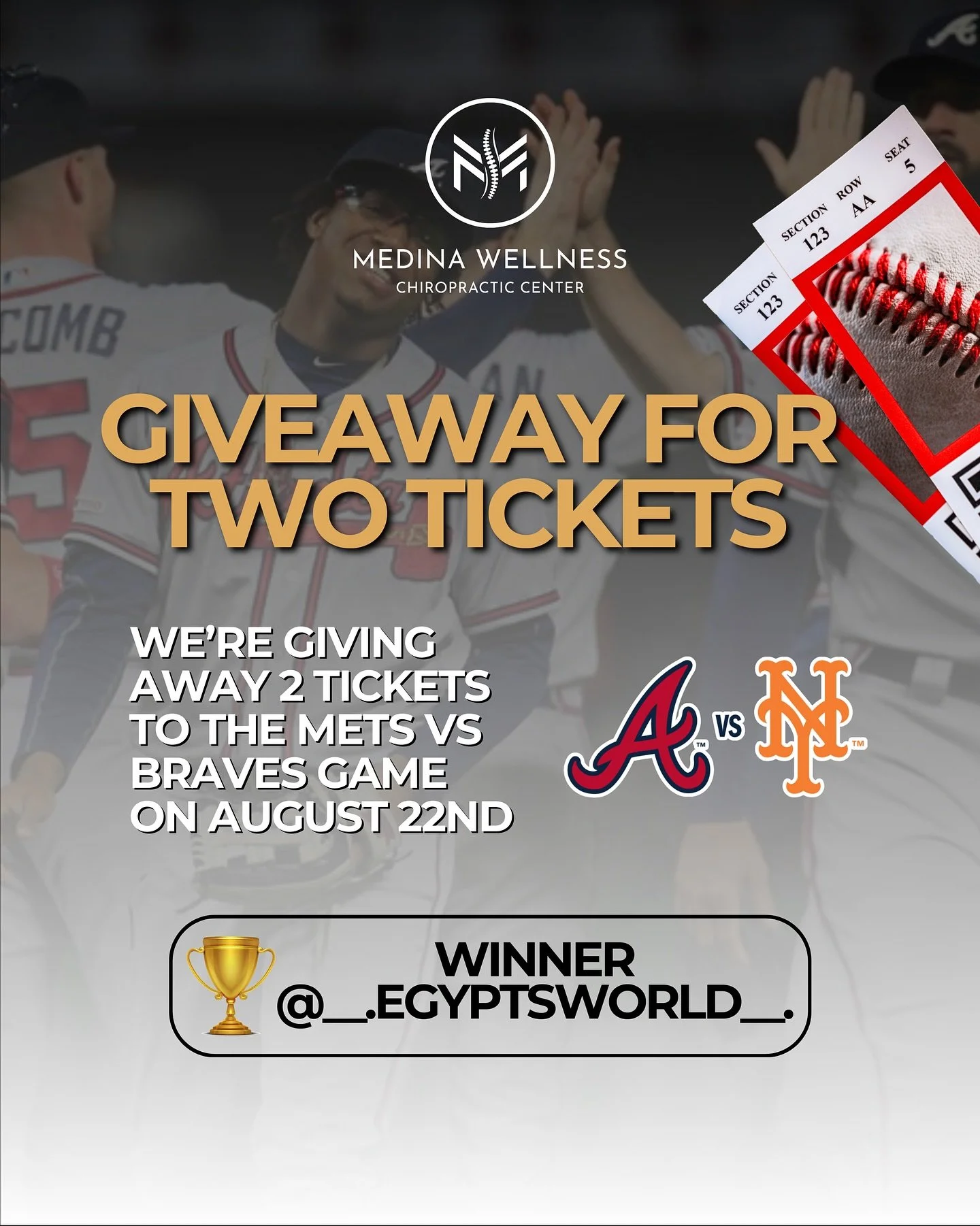 🏆 Congratulations to the winner of our giveaway! 🎉
@__.egyptsworld.__  is taking home 2 tickets to the Braves vs Mets game this August 22nd ⚾🔥

Thank you all for participating and staying tuned to our giveaways. 🙌
More surprises are coming soon! 