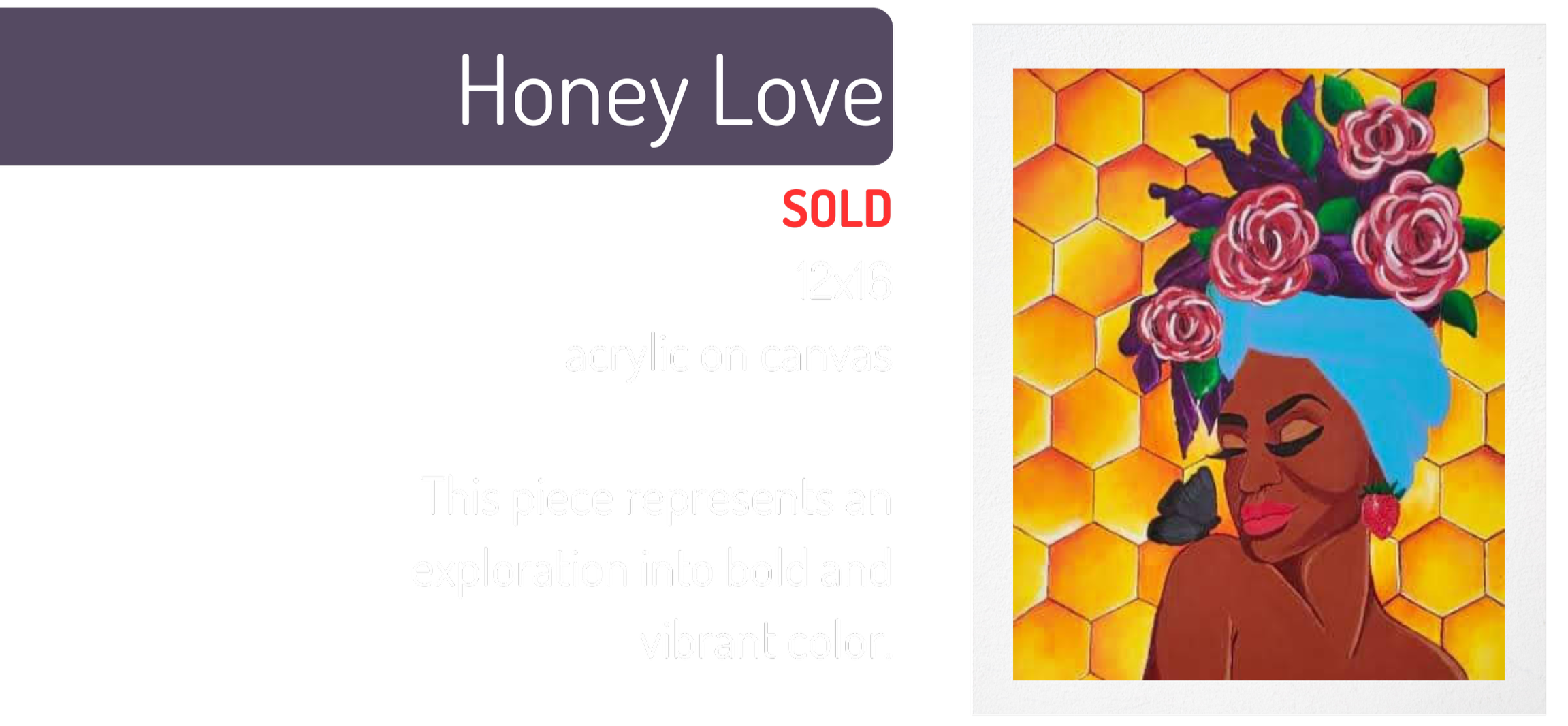 A colorful acrylic painting of a woman with blue hair, pink flowers in her hair, and strawberry earrings, set against a honeycomb background.