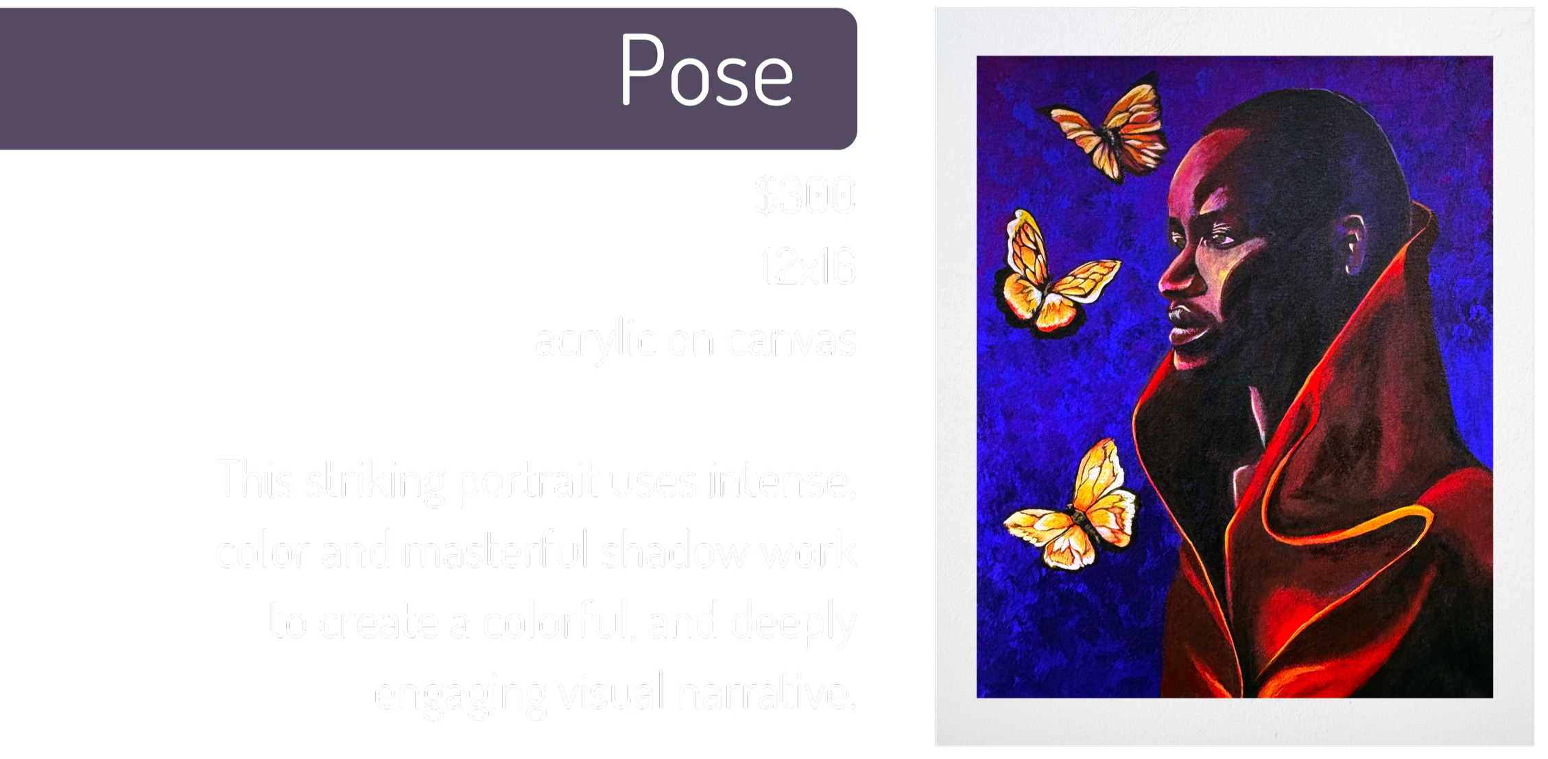 A digital advertisement for a portrait painting service featuring a colorful acrylic portrait of a man with a red hoodie, set against a vibrant blue background with floating orange and yellow butterflies.