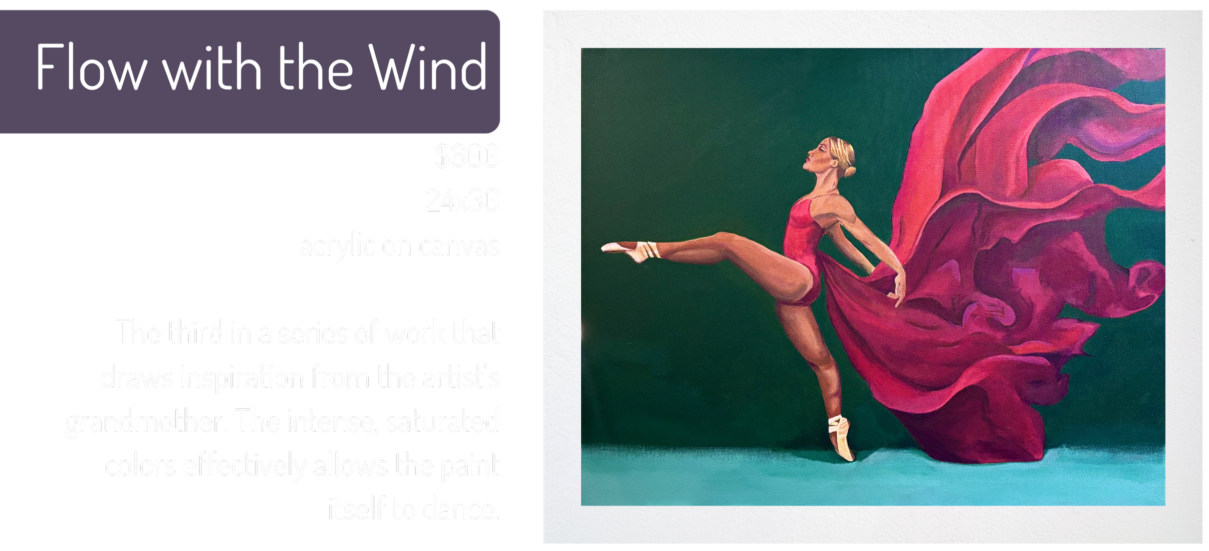 A colorful acrylic painting of a ballet dancer with a large pink and purple flower behind her, extending her leg in a dance pose.