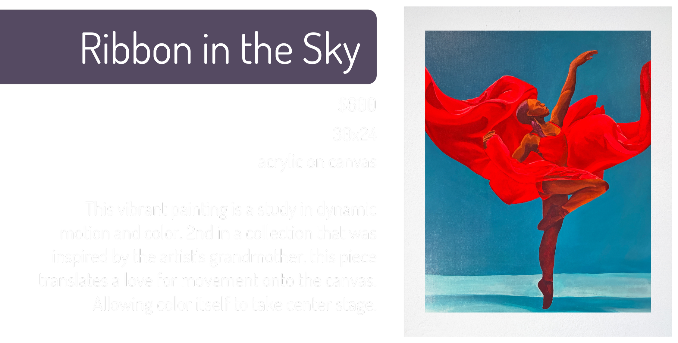 A promotional display for a painting titled 'Ribbon in the Sky' featuring a ballerina in a red dress performing a dance pose against a blue sky, with a description and details about the artwork.