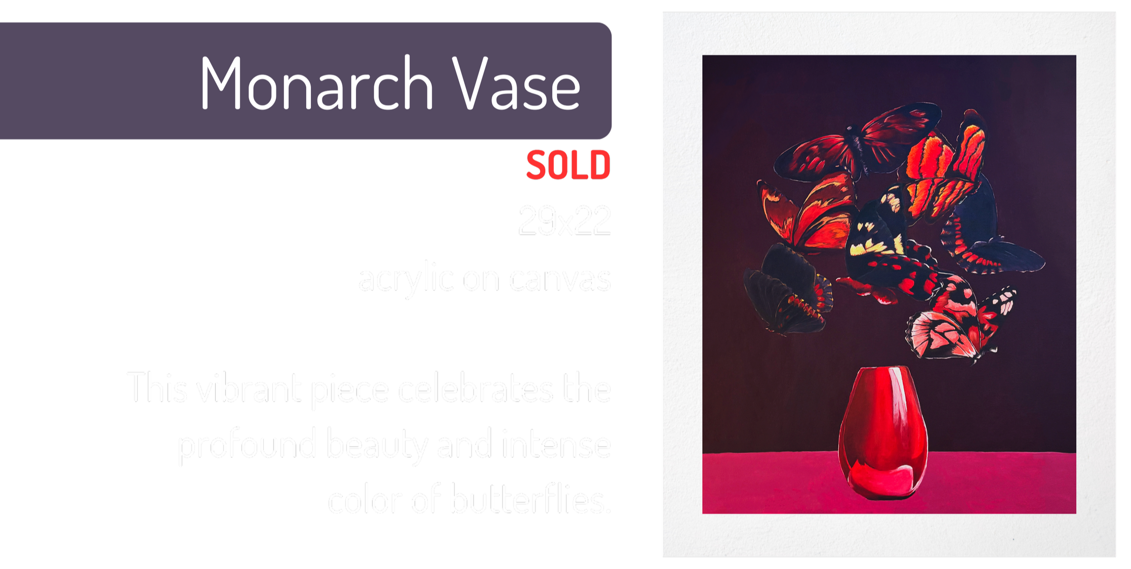 A red vase holding a bunch of colorful butterfly-shaped butterflies, with the butterflies appearing to be flying out of the vase against a dark background.