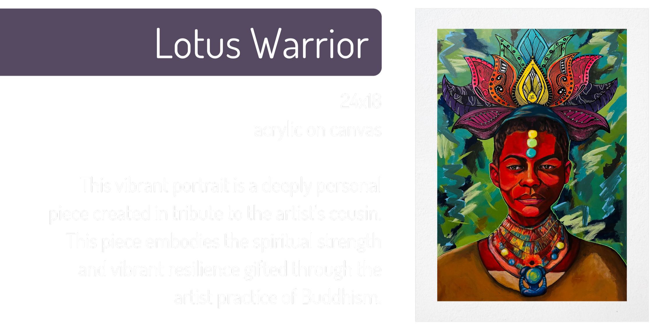 Colorful portrait of a woman with dark skin, red face paint, and beaded jewelry, wearing a large lotus-shaped headdress with vibrant patterns, set against a bright background with green foliage.