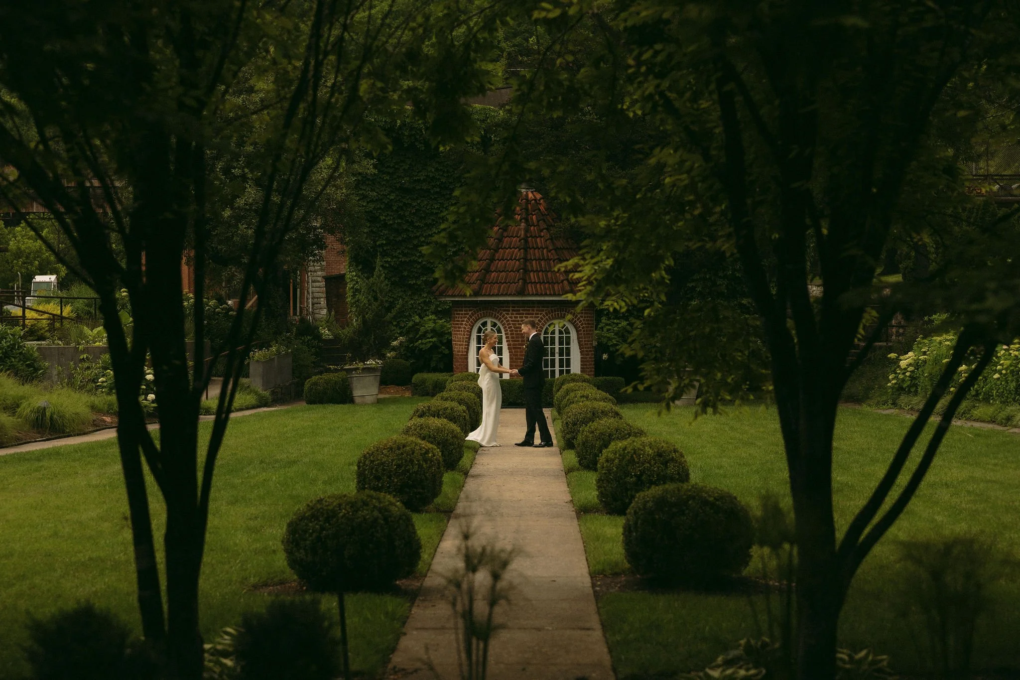 Bride and groom first look portrait at Castle & Key wedding venue