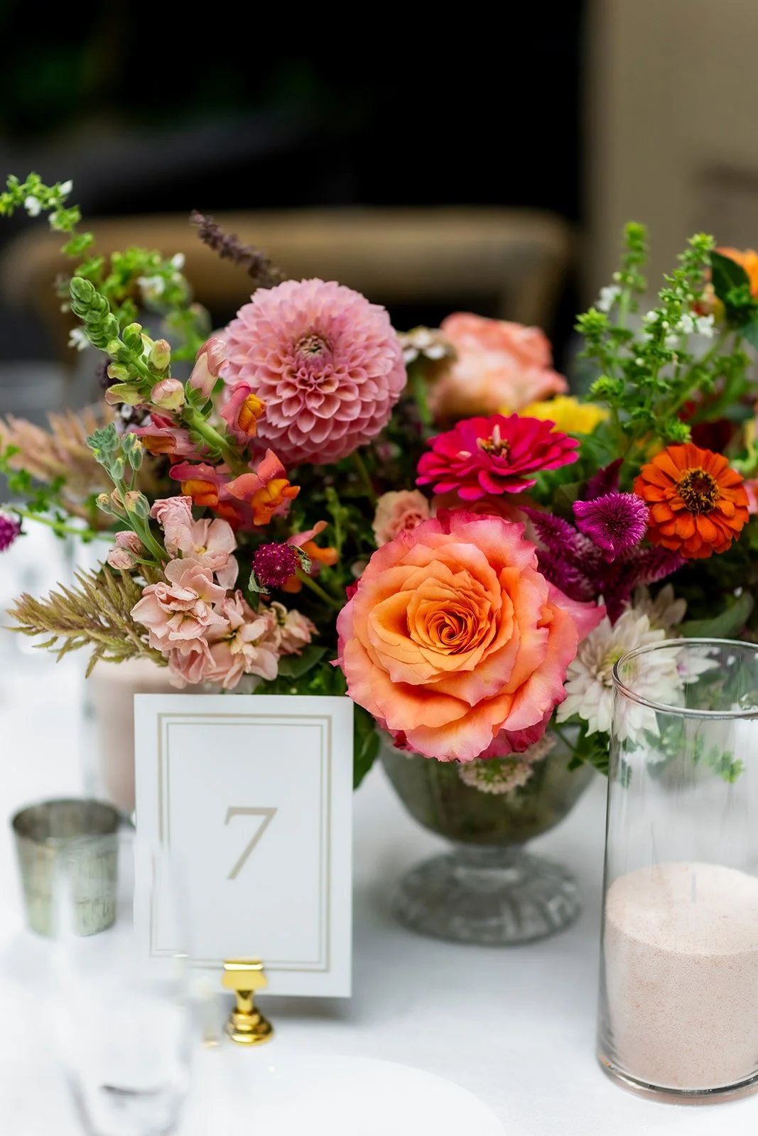 Bright floral centerpieces at Apiary in Lexington, Kentucky