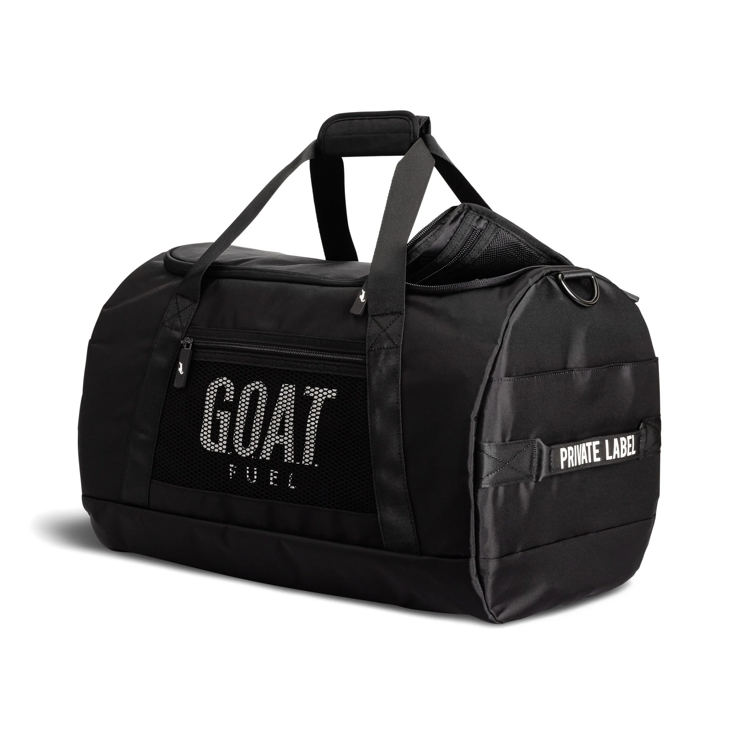 Black duffel bag with "GOAT FUEL" and "PRIVATE LABEL" logos, featuring handles and a side pocket.